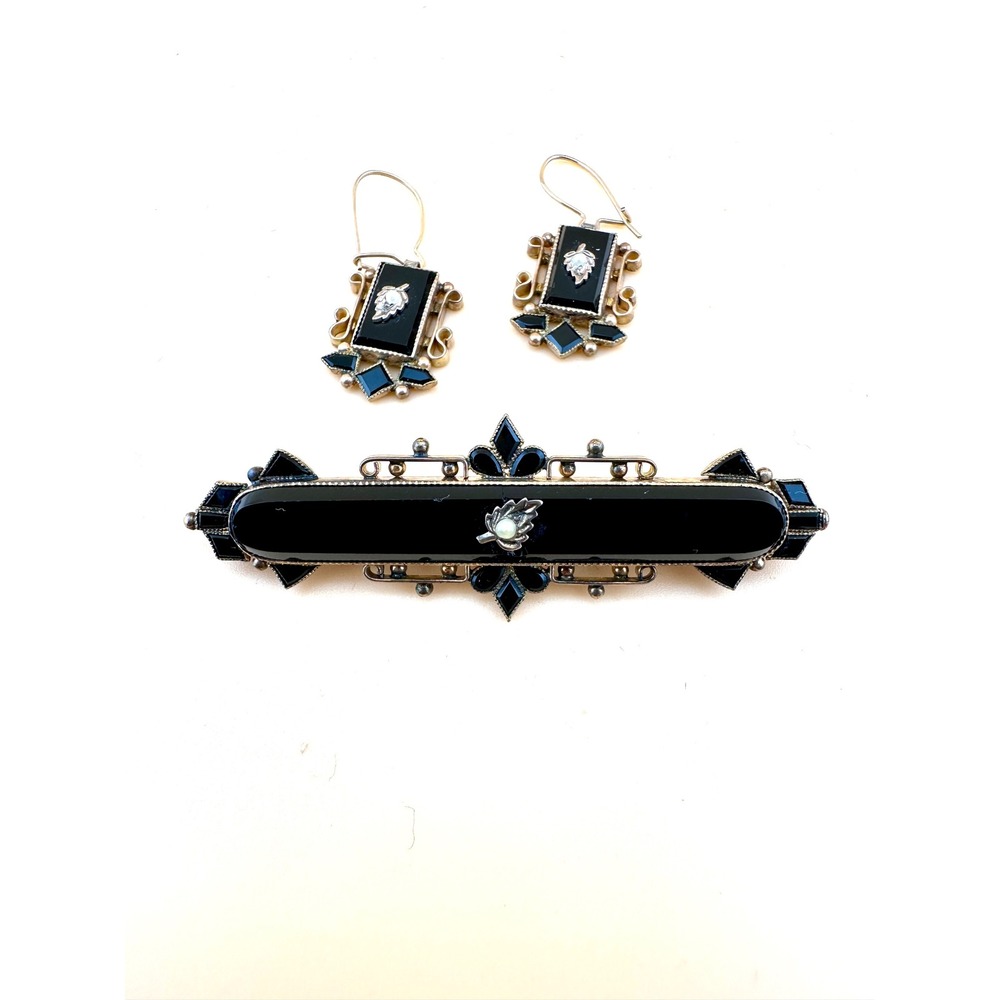 Victorian Mourning Jewelry Parure 14k Gold Filled Black Onyx Pin Earrings Set